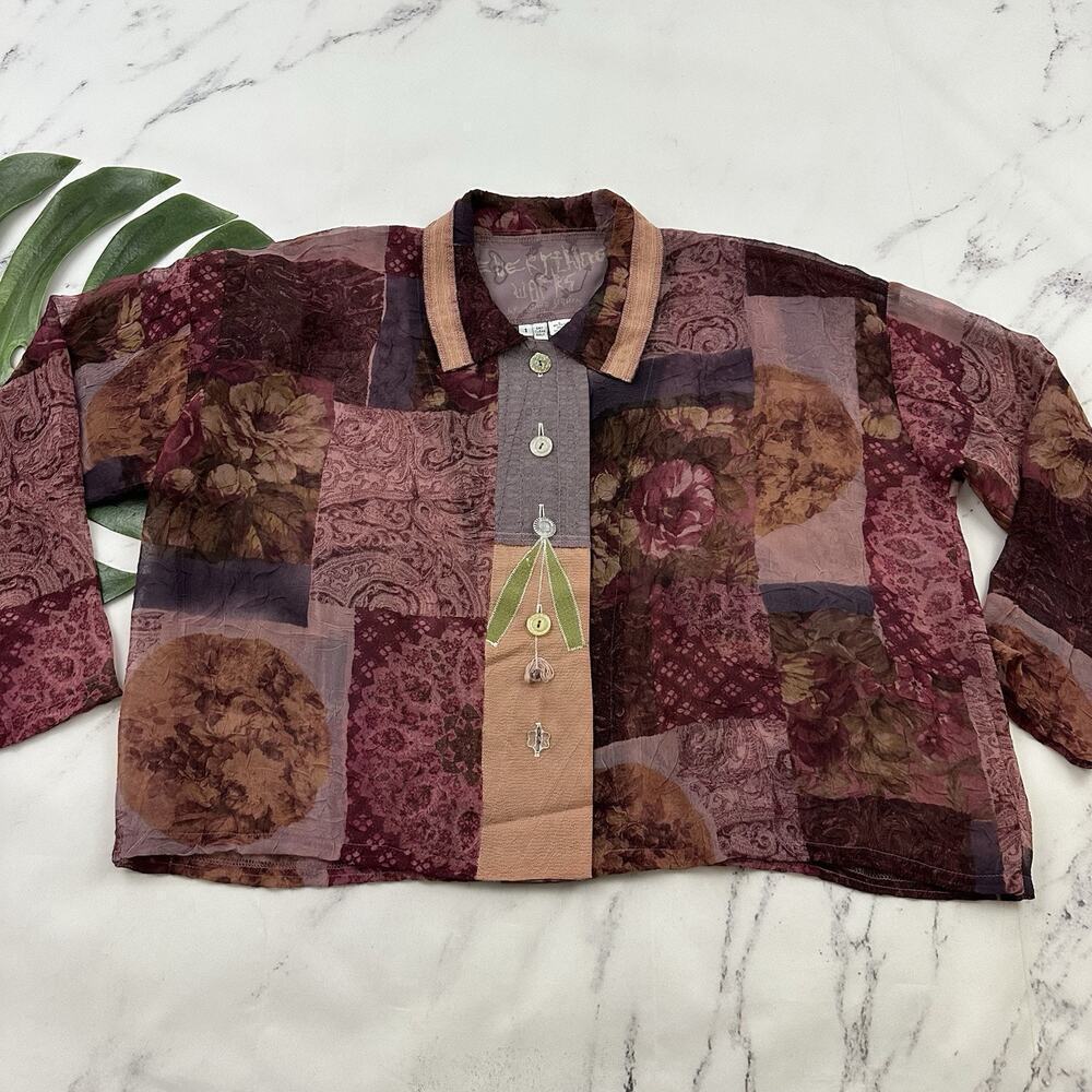 Everything Works Donna Jessica Blouse Top Size 1 S Purple Mixed Floral Patchwork
